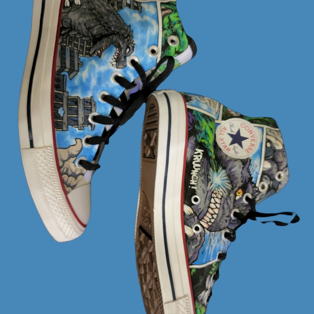 Converse high tops mens 9.5 women's 11.5 Godzilla vs. Hulk! OOAK!